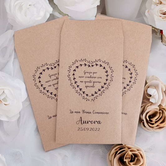 50 sacchetti kraft personalizzati, bomboniera Matrimonio, Comunione, Cresima, Battesimo, Compleanno