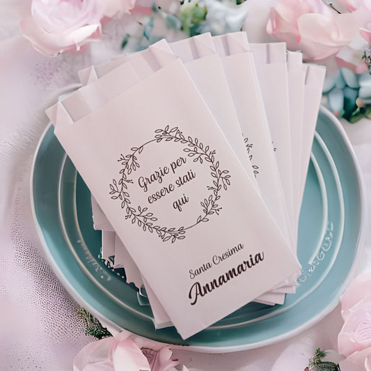 50 Sacchetti confettata personalizzati: Buste in carta per matrimonio, battesimo, compleanno   Personalizzabili con frasi, nomi e data