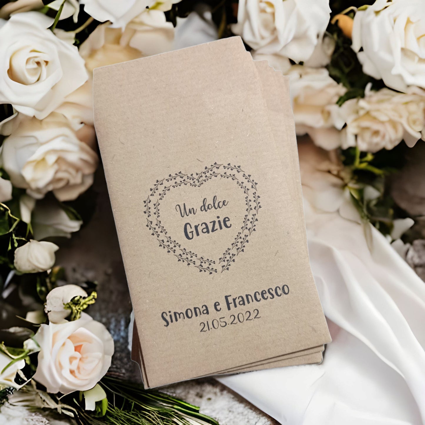 50 Sacchetti personalizzati in carta kraft, bustine carta per confettata, stampa logo personalizzato, matrimonio, comunione, battesimo.