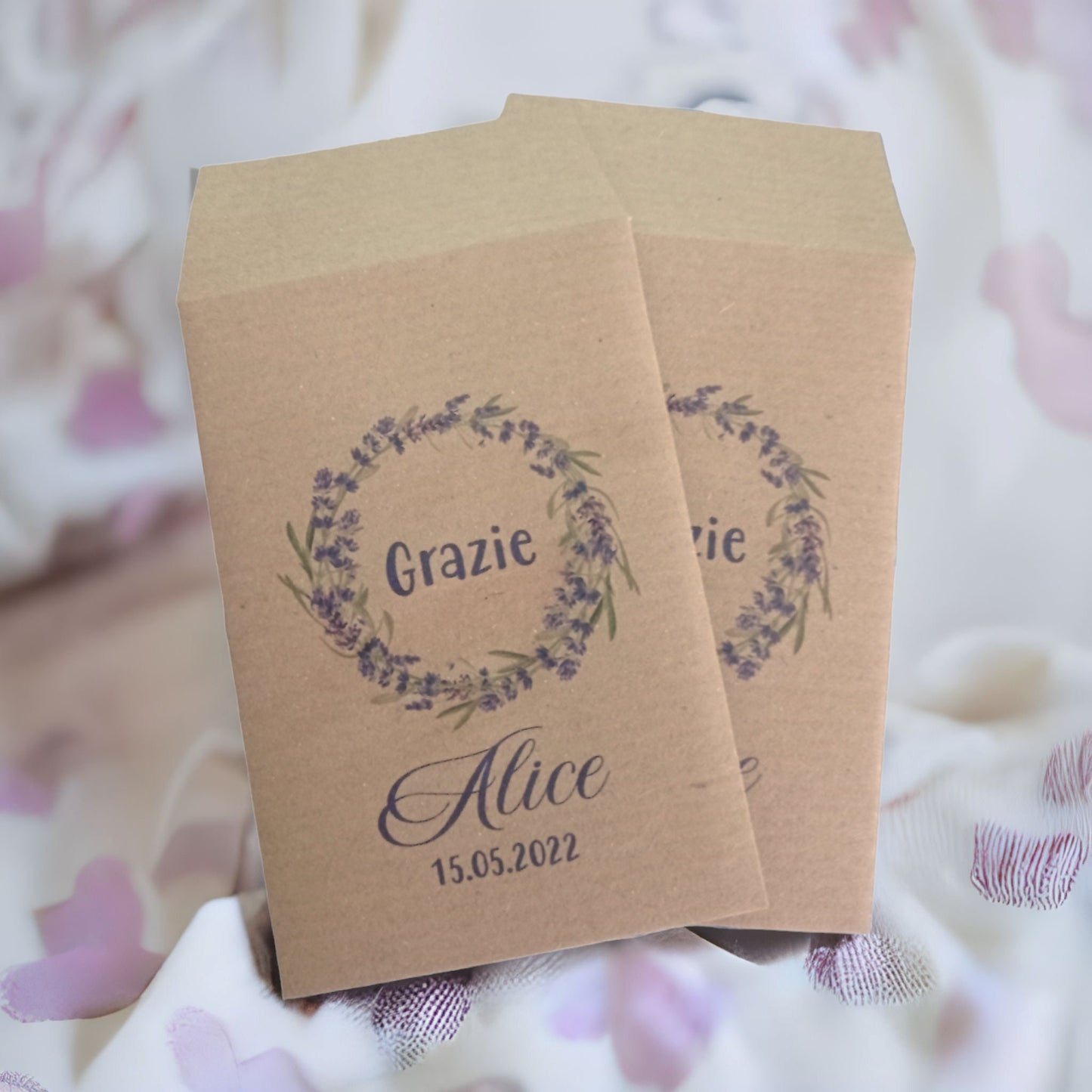 50 Sacchetti i carta Kraft stampa personalizzata stile lavanda, rose e bouquet fiori