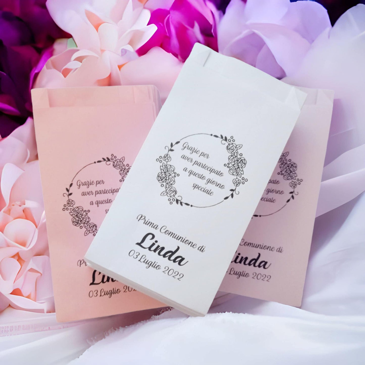 50 bustine carta personalizzate matrimonio anniversario cresima comunione battesimo compleanno