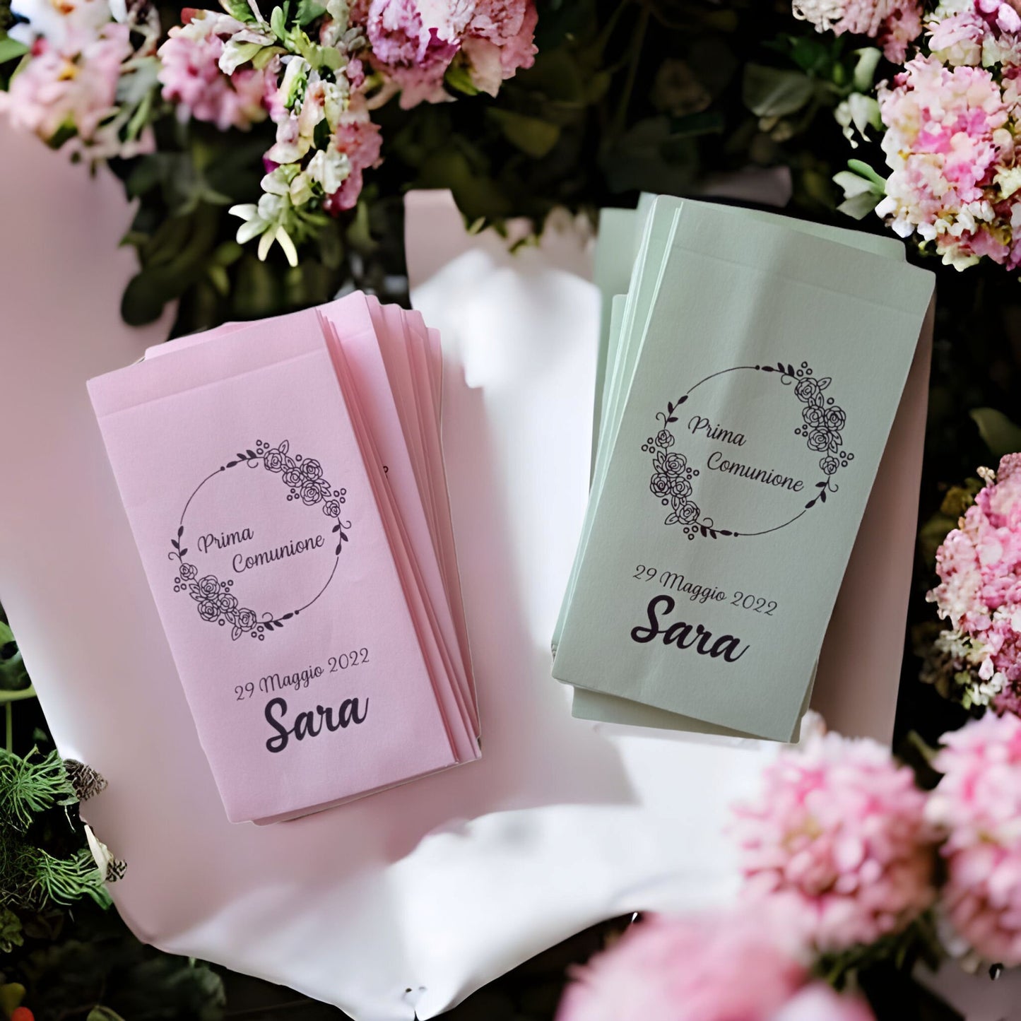 50 bustine carta personalizzate matrimonio anniversario cresima comunione battesimo compleanno