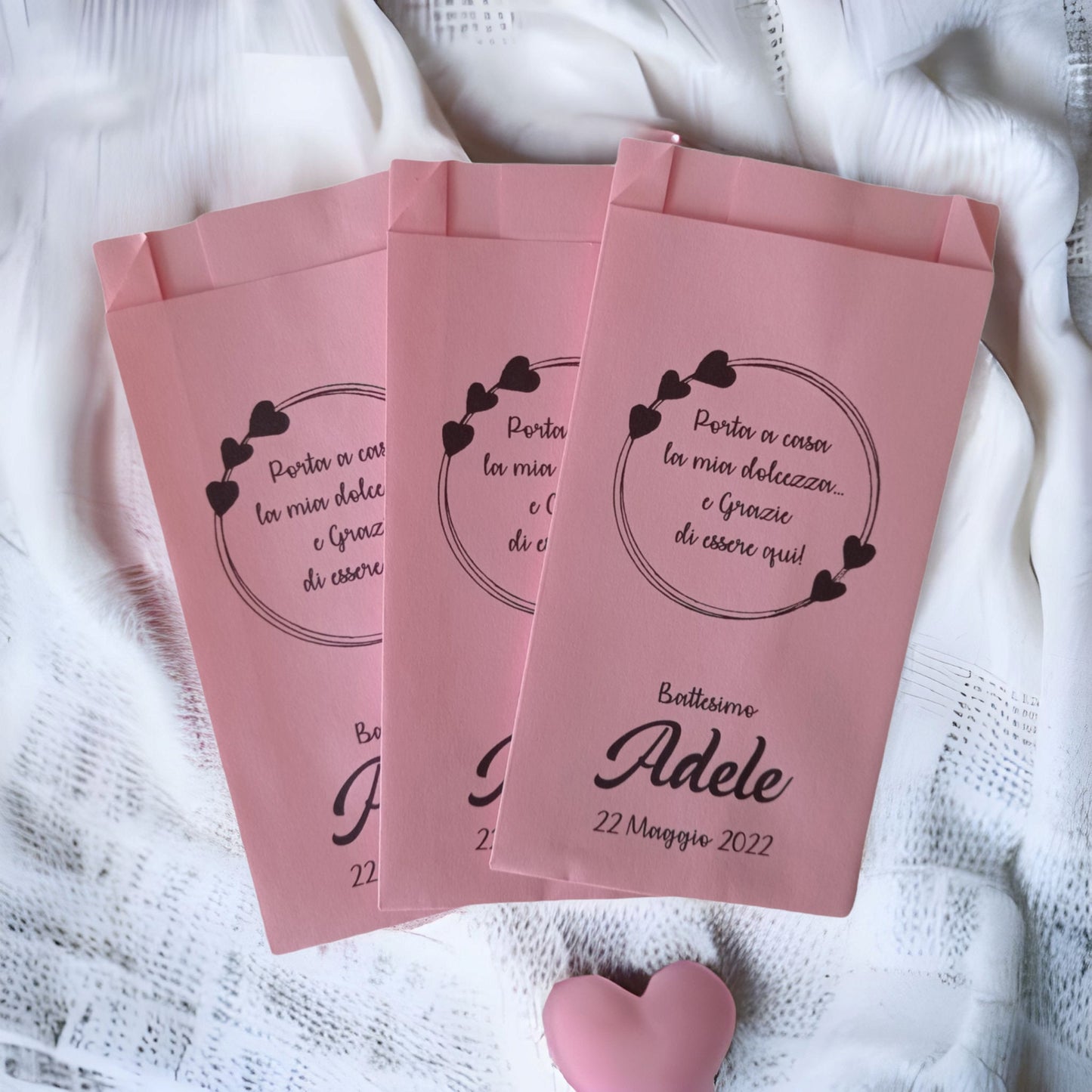 50 sacchetti carta personalizzati, confettata di matrimonio, battesimo, comunione, cresima, anniversario. Palettine segnagusto