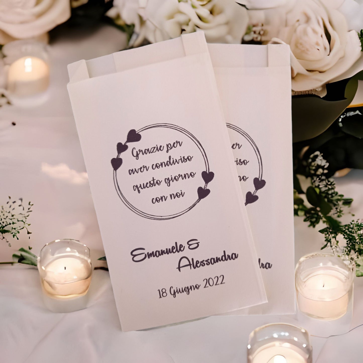 50 Sacchetti confettata personalizzati: Buste in carta per matrimonio, battesimo, compleanno   Personalizzabili con frasi, nomi e data
