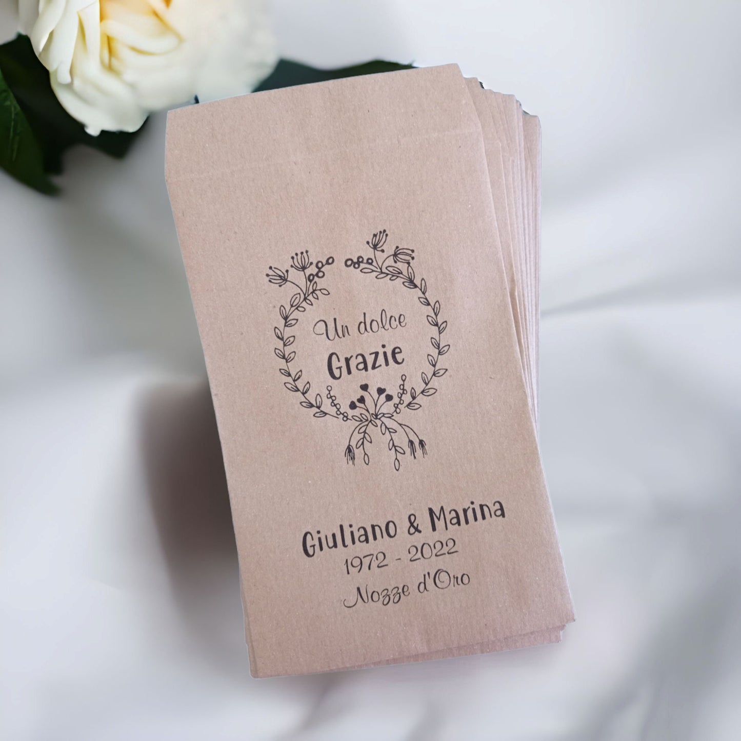50 Sacchetti personalizzati in carta kraft confettata matrimonio