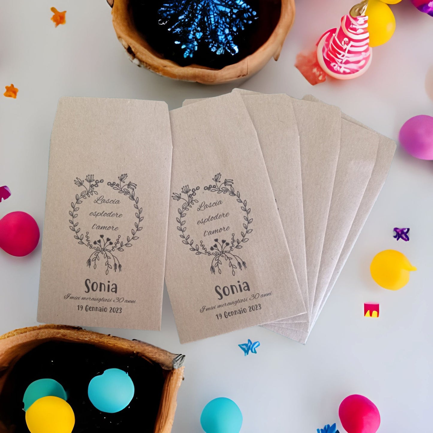 50 Sacchetti personalizzati in carta kraft confettata matrimonio