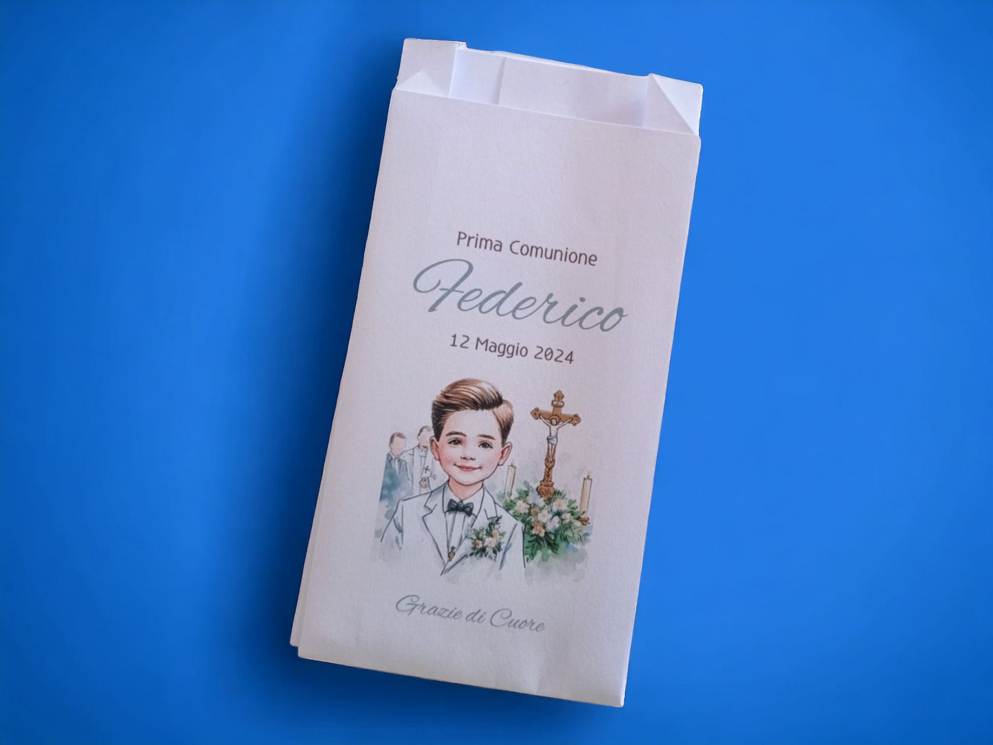 50 Sacchetti in carta, bustine confettata prima comunione bambino. Sacchetto per confetti o caramelle. Bomboniera, fine festa personalizzato