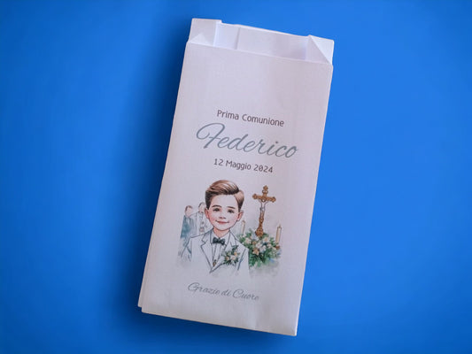 50 Sacchetti in carta, bustine confettata prima comunione bambino. Sacchetto per confetti o caramelle. Bomboniera, fine festa personalizzato