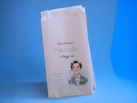50 Sacchetti in carta, bustine confettata prima comunione bambino. Sacchetto per confetti o caramelle. Bomboniera, fine festa personalizzato