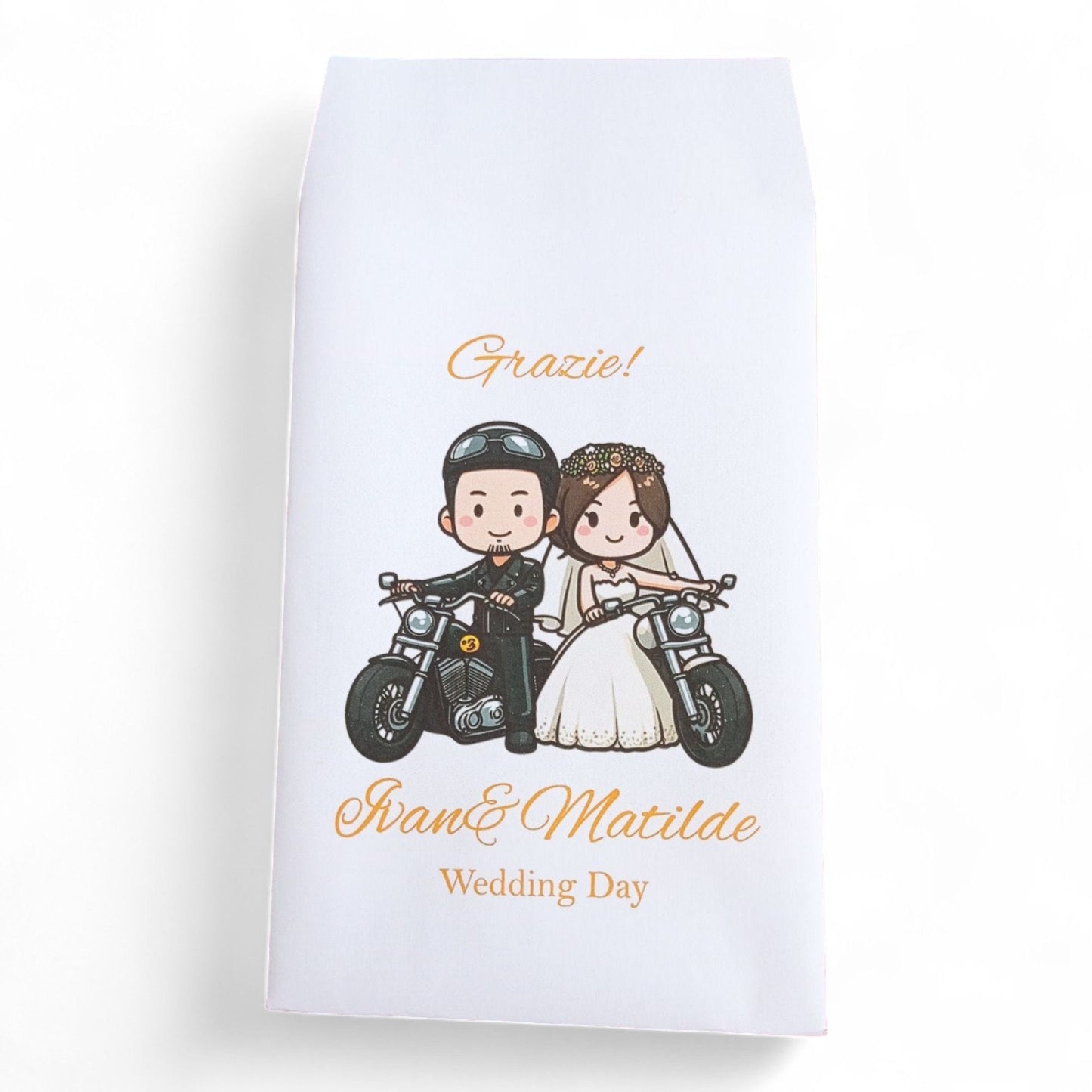 50 sacchetti confettata matrimonio, bustine per confetti personalizzate, nozze sposini anniversario, sposi in moto, tema musica, divertenti