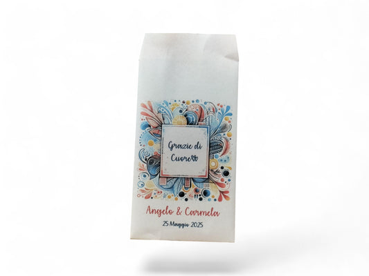 50 Sacchetti personalizzati in carta bianca nozze anniversario  cresima comunione. Tema floreale moderno Bustine confettata.