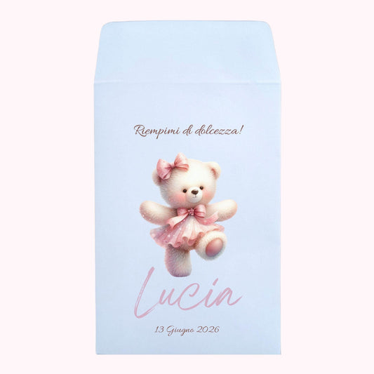 50 sacchetti carta bianca per confettata di Nascita o Battesimo con messaggio personalizzato