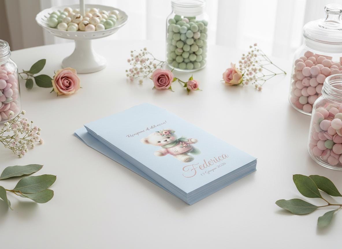 50 sacchetti carta bianca per confettata di Nascita o Battesimo con messaggio personalizzato