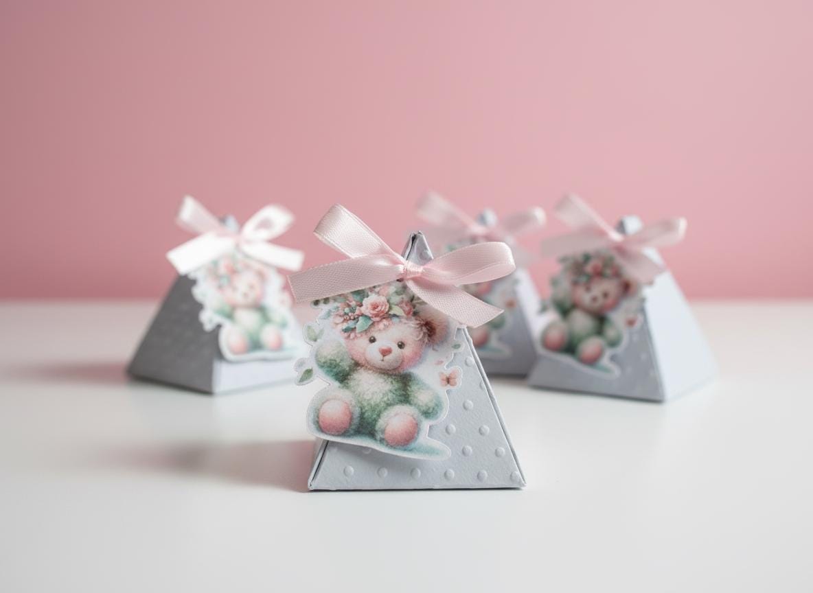 Portaconfetti piramide con tag personalizzabile con nome e data. Prima Comunione, Battesimo.