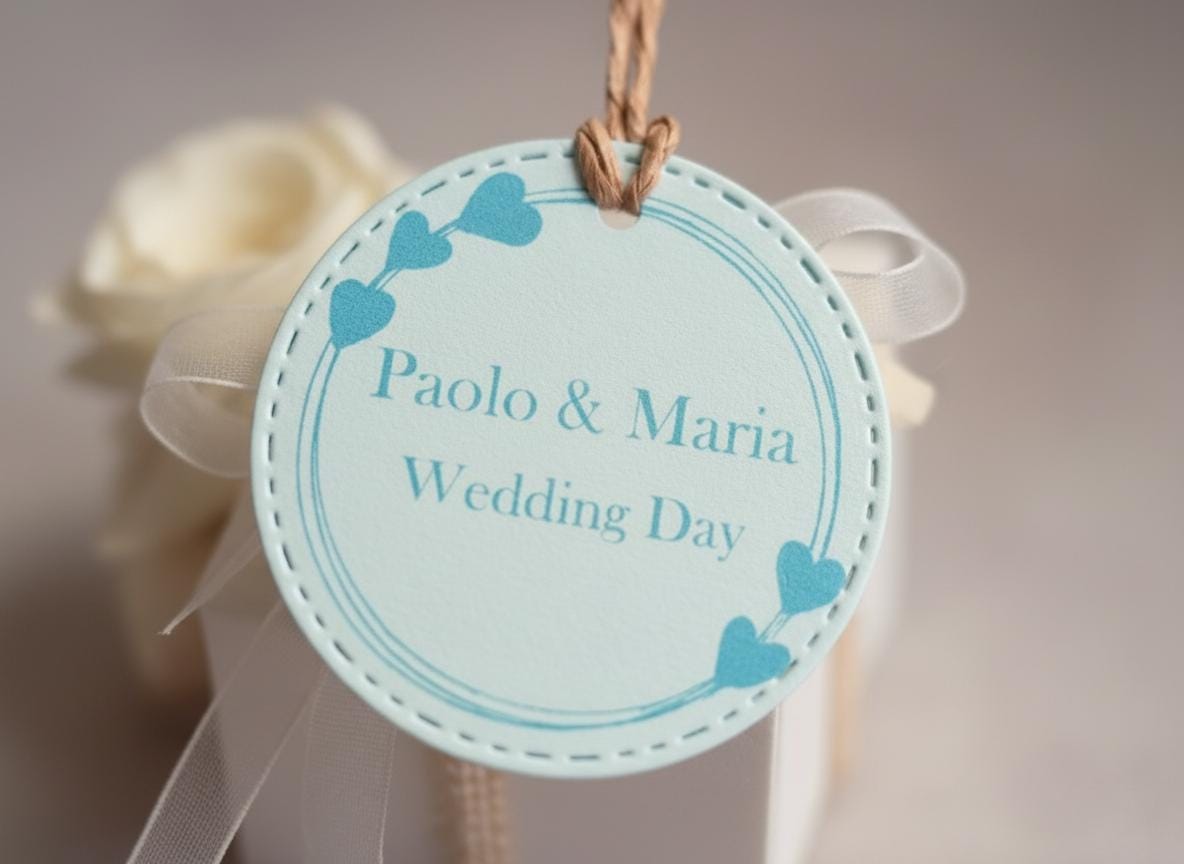 tag matrimonio personalizzata con cuoricini. cartoncino celeste, stampa azzurra con nome e data.