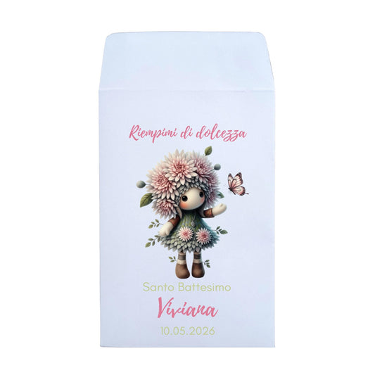 50 Sacchetti battesimo Bambina, bustine per confetti e confettata con fatine di fiori e farfalle.