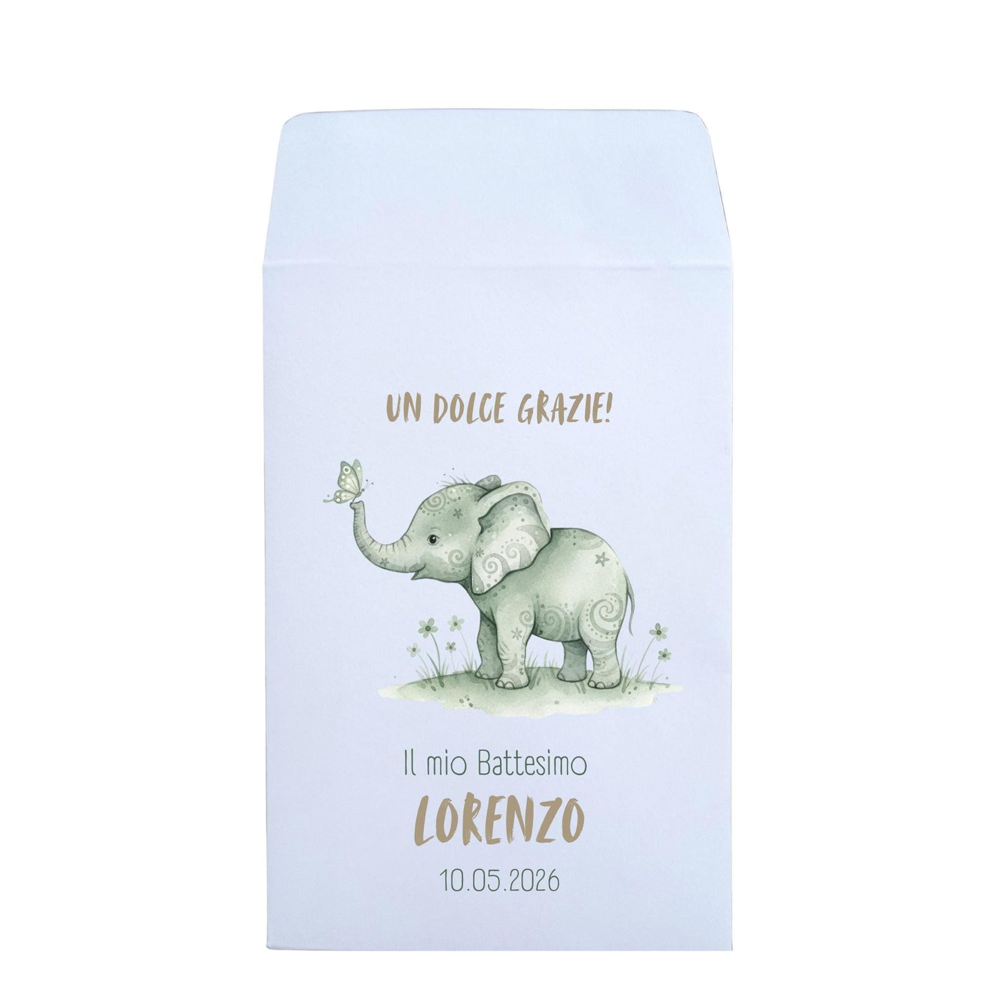 50 Piccoli sacchetti di carta tema elefantino per nascita o battesimo. Ideali per confetti e caramelle. Tema elefantino