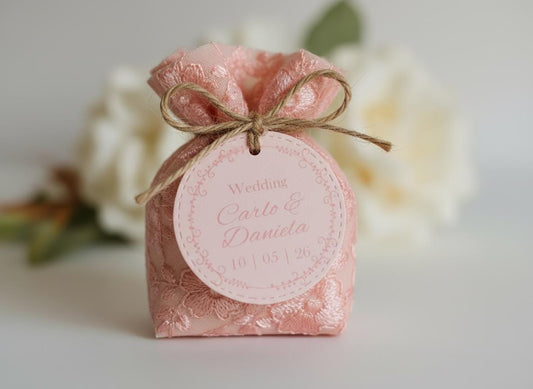 bigliettino bomboniera rotondo con stampa personalizzata matrimonio rosa pesca