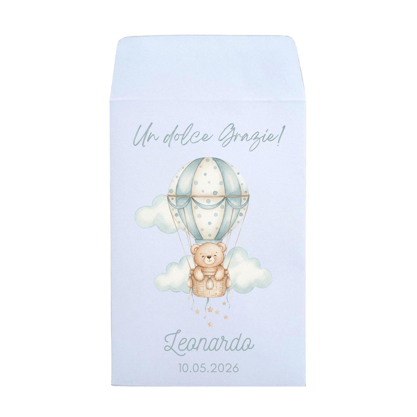 50 Sacchetti in carta per confetti a tema orsetto in mongolfiera. Bustine confettata nascita o battesimo.