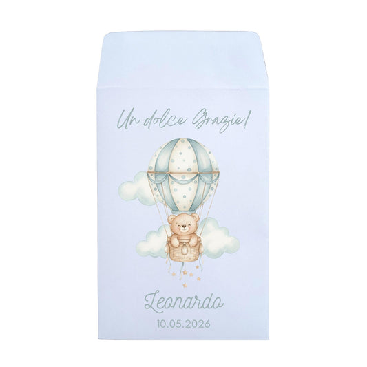 50 Sacchetti in carta per confetti a tema orsetto in mongolfiera. Bustine confettata nascita o battesimo.