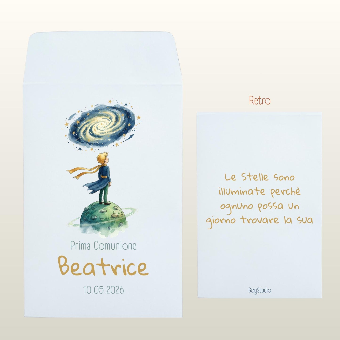 30 Sacchettini carta personalizzati Il Piccolo Principe per la confettata della Prima Comunione bambino e bambina. Stampa frase sul retro.