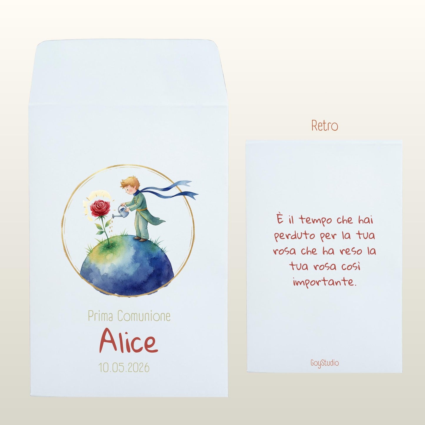 sacchetto confettata Il Piccolo Principe che annaffia la rosa sul suo pianeta, stile acquerello sfumato, atmosfera delicata e sognante, palette blu notte, oro, rosso, verde prato, avorio, testo personalizzato con nome e data