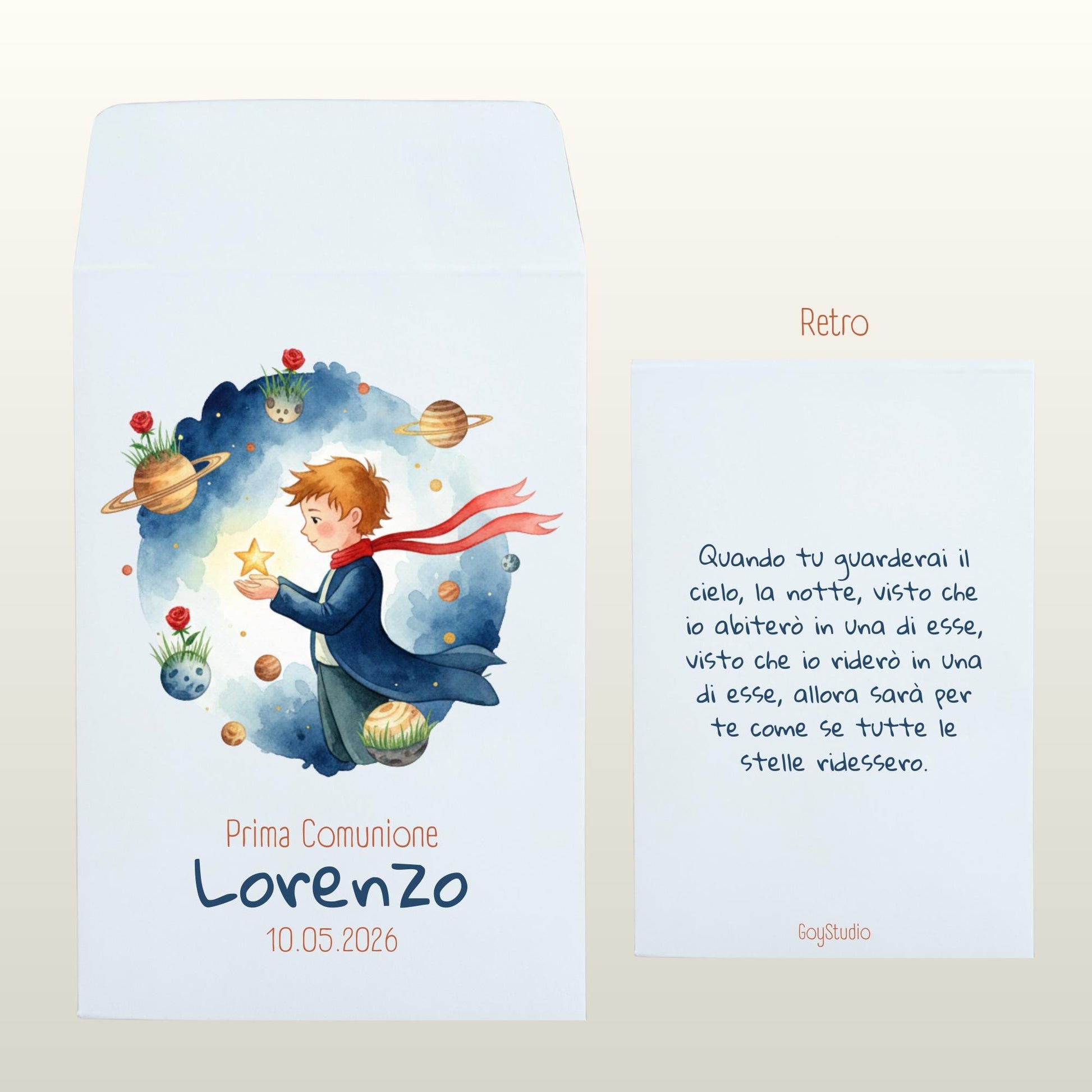 sacchetto di carta con Il Piccolo Principe che tiene una stella tra le mani, circondato da piccoli pianeti e fiori, stile acquerello sfumato, atmosfera sognante e delicata, palette blu notte, oro, rosso, verde prato, avorio,  testo personalizzato, sfondo bianco.