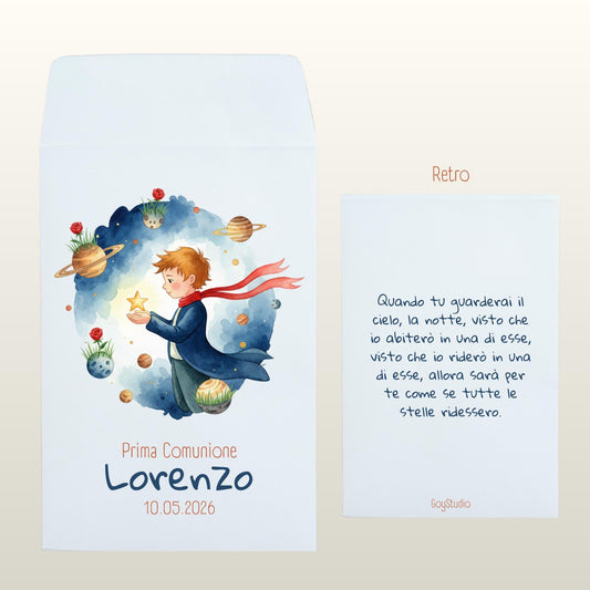 sacchetto di carta con Il Piccolo Principe che tiene una stella tra le mani, circondato da piccoli pianeti e fiori, stile acquerello sfumato, atmosfera sognante e delicata, palette blu notte, oro, rosso, verde prato, avorio,  testo personalizzato, sfondo bianco.