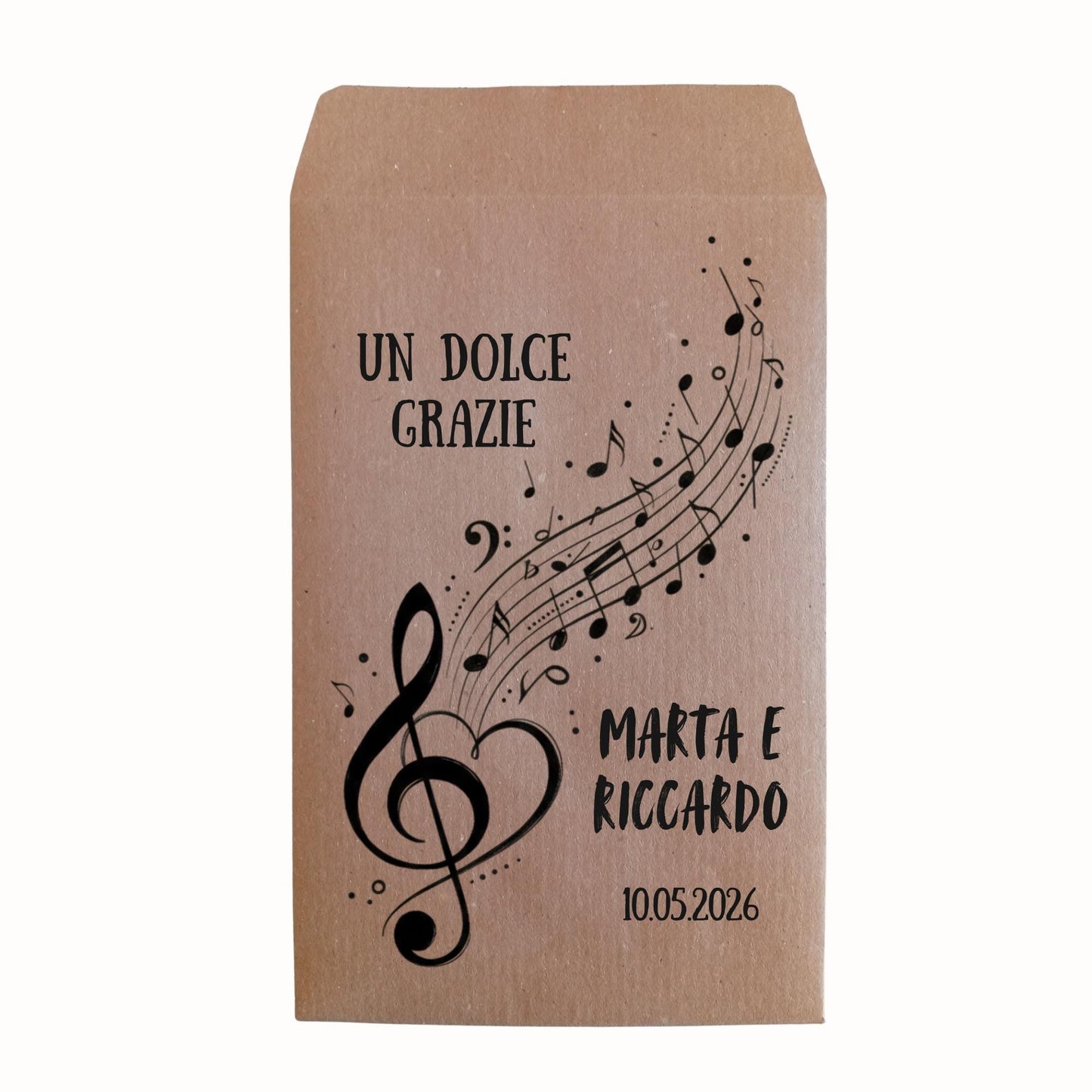 sacchetto Kraft per confetti a tema musica con stampa personalizzata nomi e data degli sposi