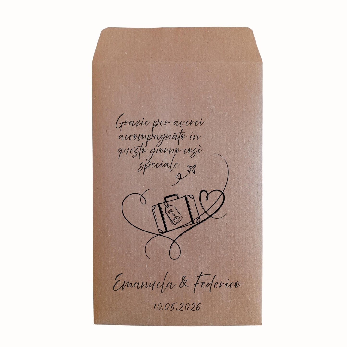 sacchetto Kraft per confettata matrimonio con stampa tema viaggio e nome degli sposi