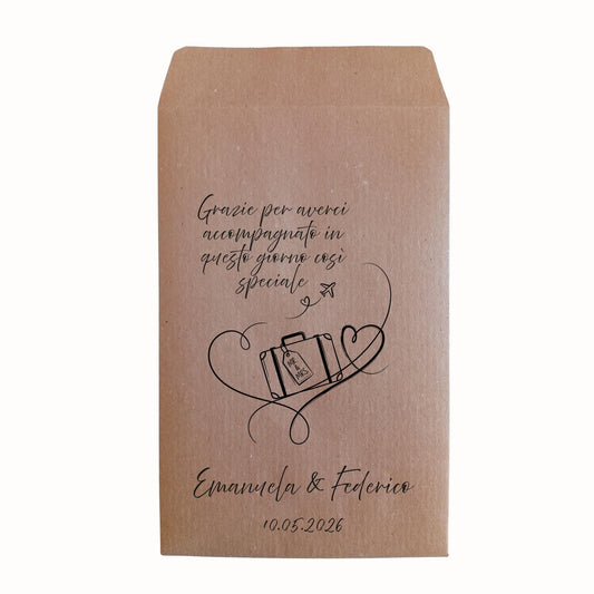 sacchetto Kraft per confettata matrimonio con stampa tema viaggio e nome degli sposi