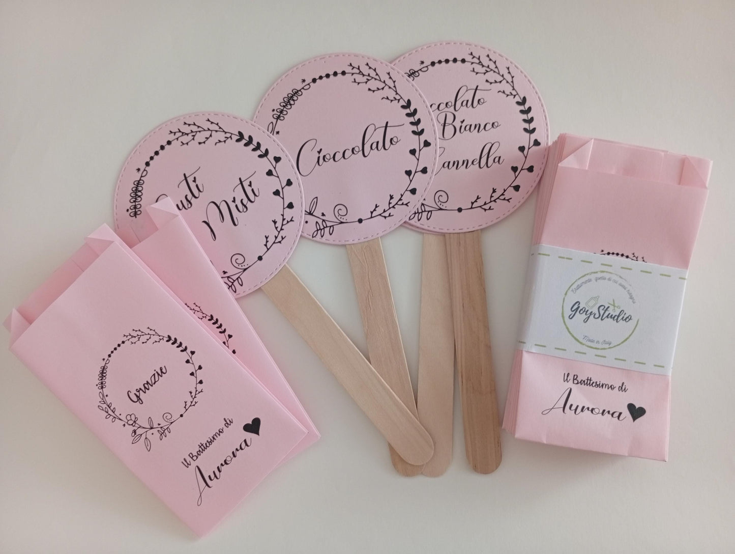 50 sacchetti carta personalizzati, confettata di matrimonio, battesimo, comunione, cresima, anniversario. Palettine segnagusto