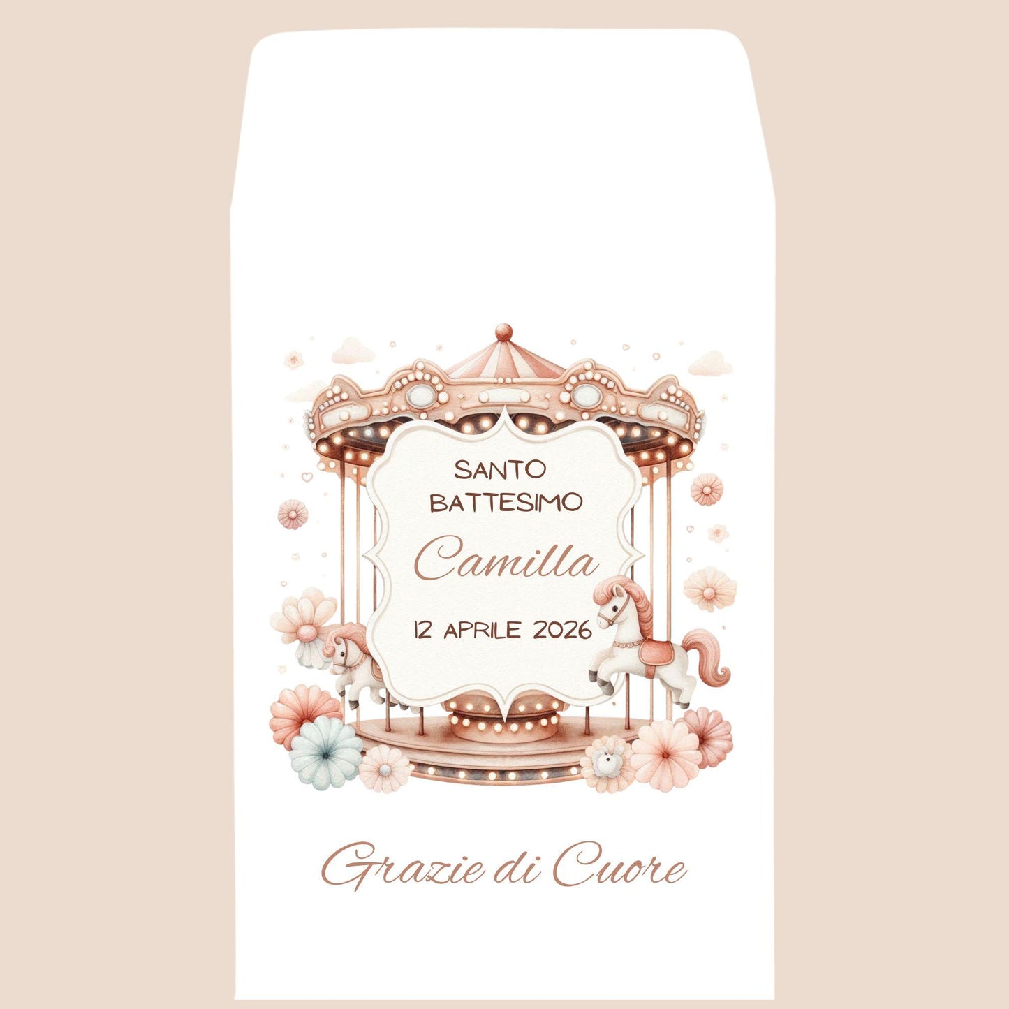 Sacchetti per confetti con giostrina carosello. Bustine per confettata battesimo o nascita. Cavallini celeste o rosa. 50 pz a confezione.