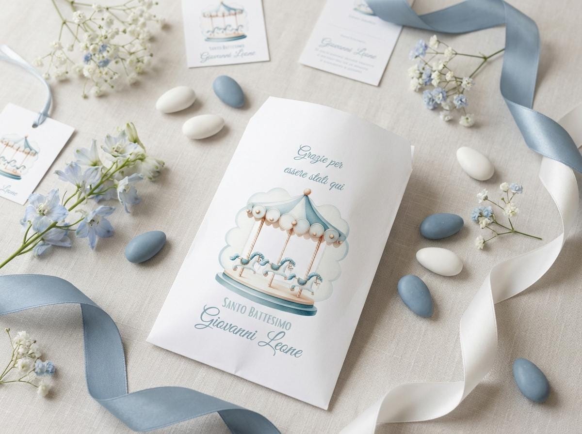 Sacchetti per confetti con giostrina carosello. Bustine per confettata battesimo o nascita. Cavallini celeste o rosa. 50 pz a confezione.