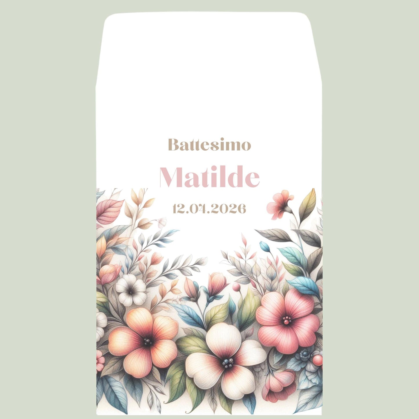 Sacchetti bomboniera floreali acquerello personalizzati, battesimo comunione nascita matrimonio, fiori pastello eleganti. 50pz