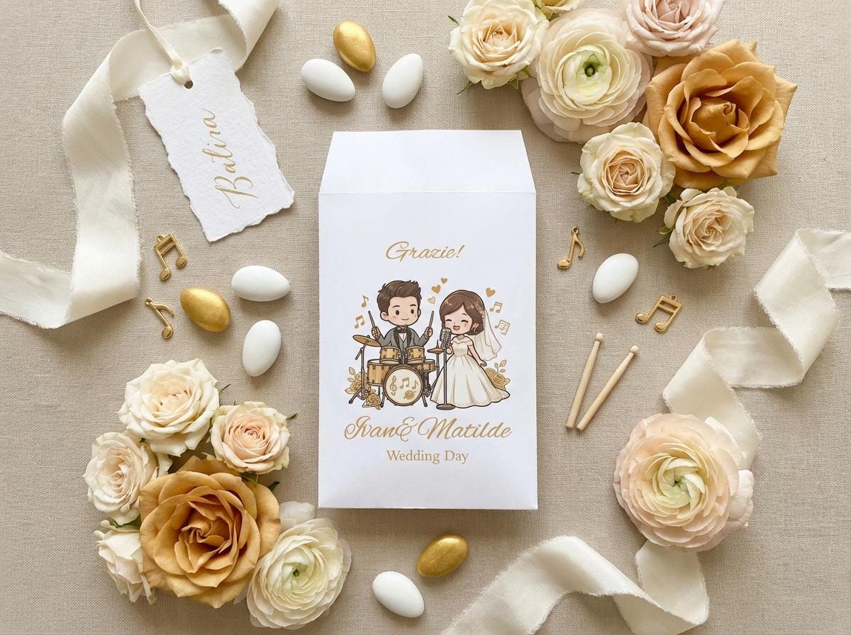50 sacchetti confettata matrimonio, bustine per confetti personalizzate, nozze sposini anniversario, sposi in moto, tema musica, divertenti
