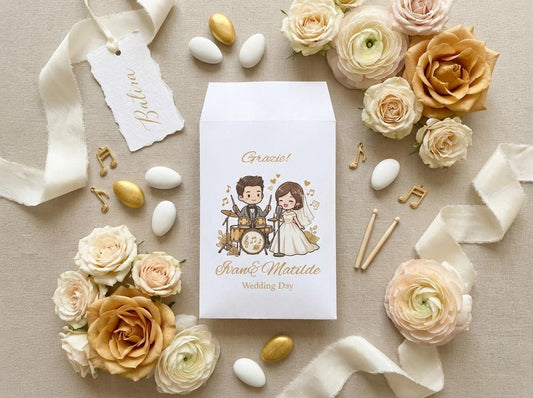 50 sacchetti confettata matrimonio, bustine per confetti personalizzate, nozze sposini anniversario, sposi in moto, tema musica, divertenti