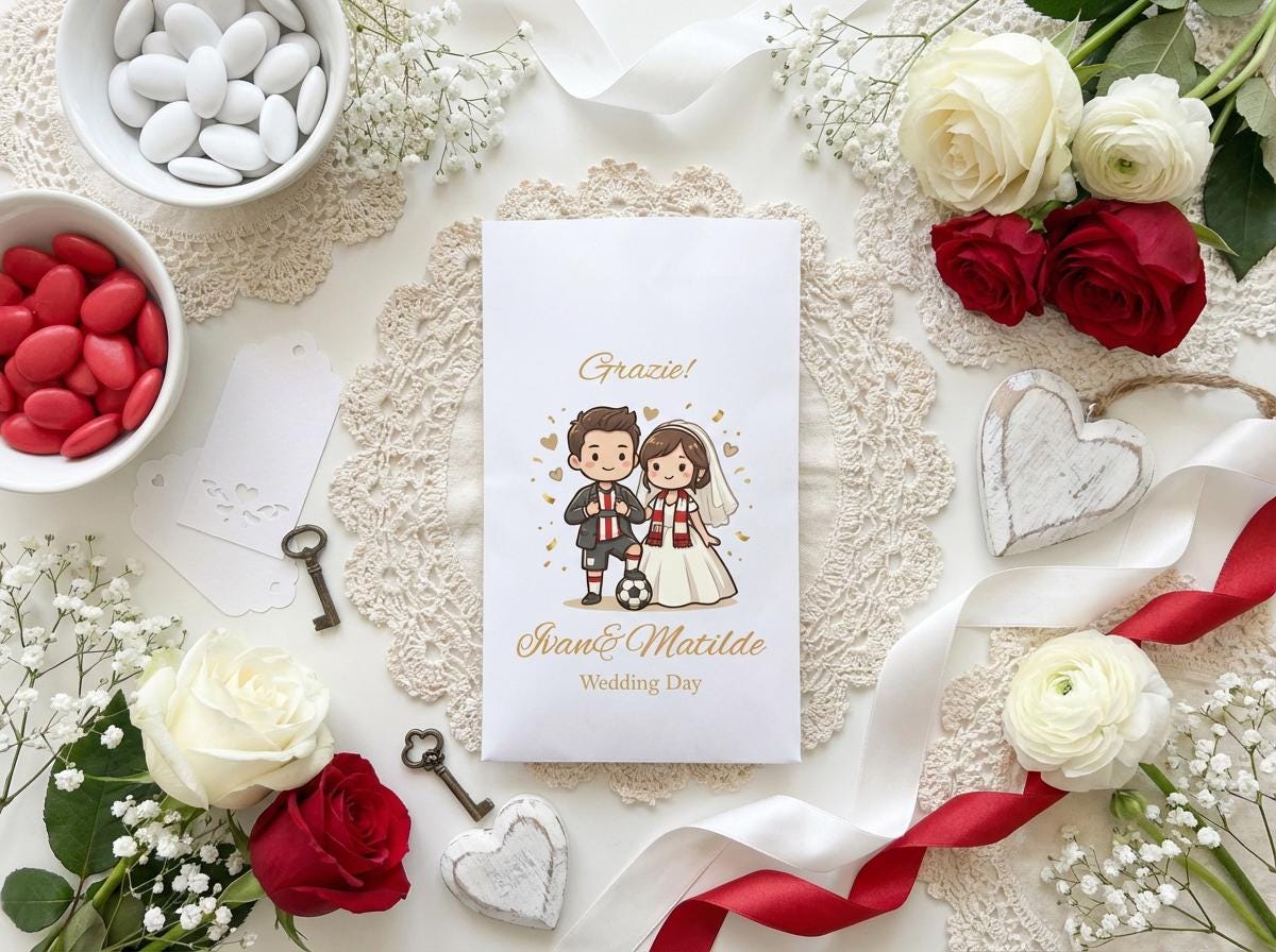 sacchetto per confetti con sposini cartoon tema calcio. con stampa personalizzata, frase nomi e data