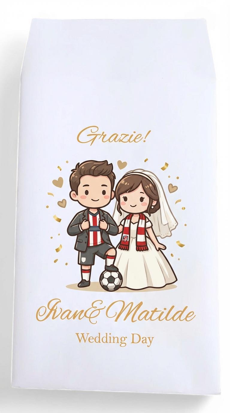 Sacchetti matrimonio per confetti personalizzate, Confettata di nozze sposini anniversario, sposi sportivi, calcio. Sposini con gatto e cane