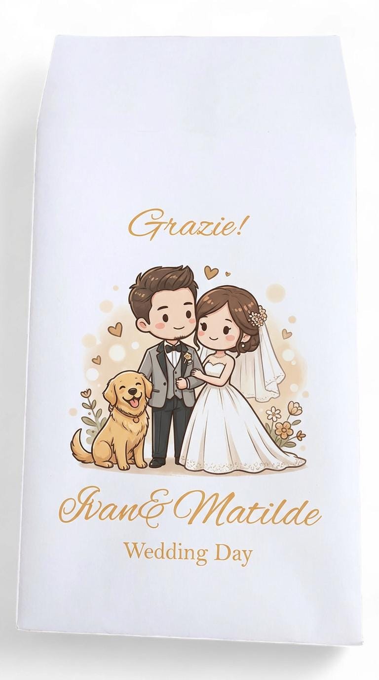 Sacchetti matrimonio per confetti personalizzate, Confettata di nozze sposini anniversario, sposi sportivi, calcio. Sposini con gatto e cane