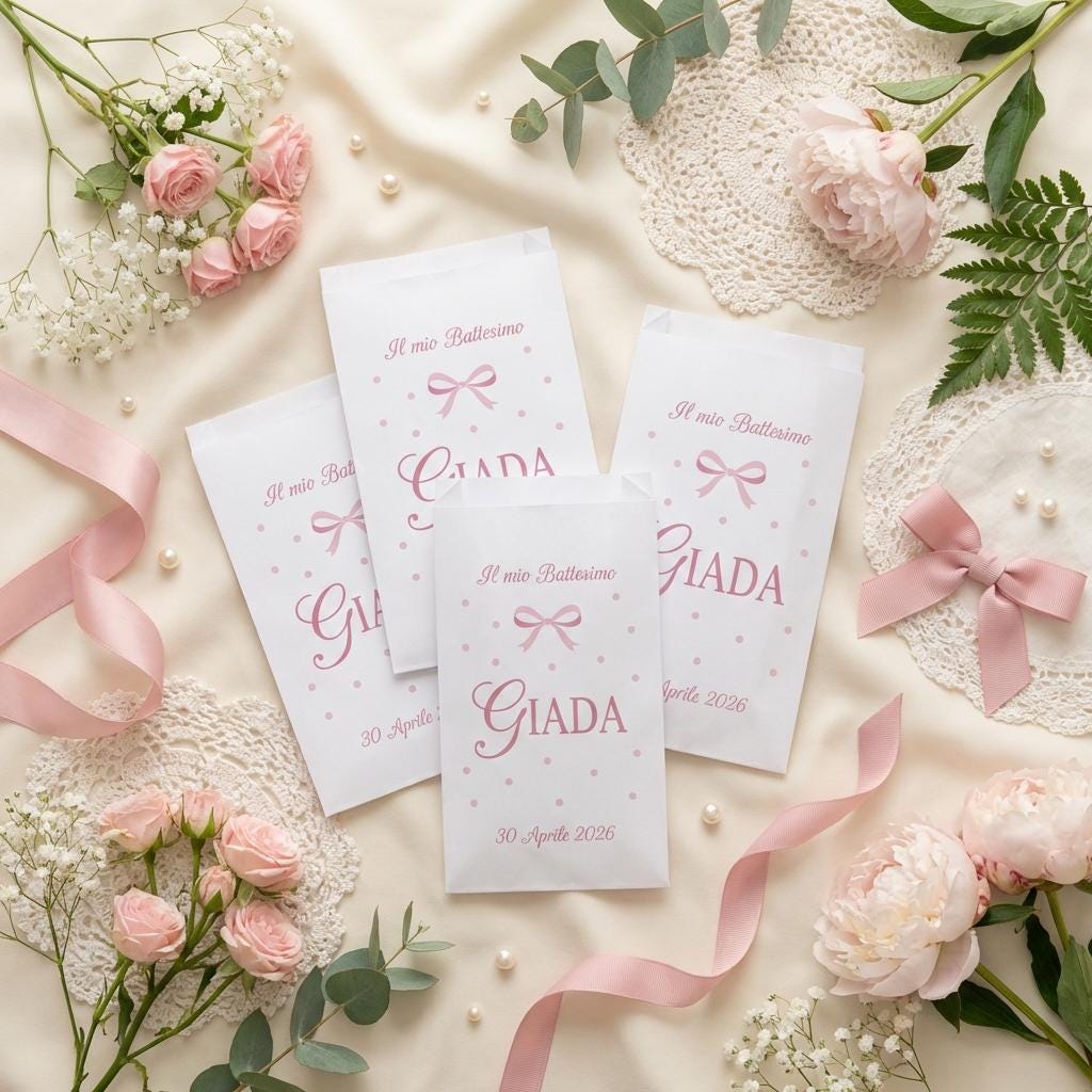 sacchetto per confetti in carta bianca con stampa personalizzata in rosa