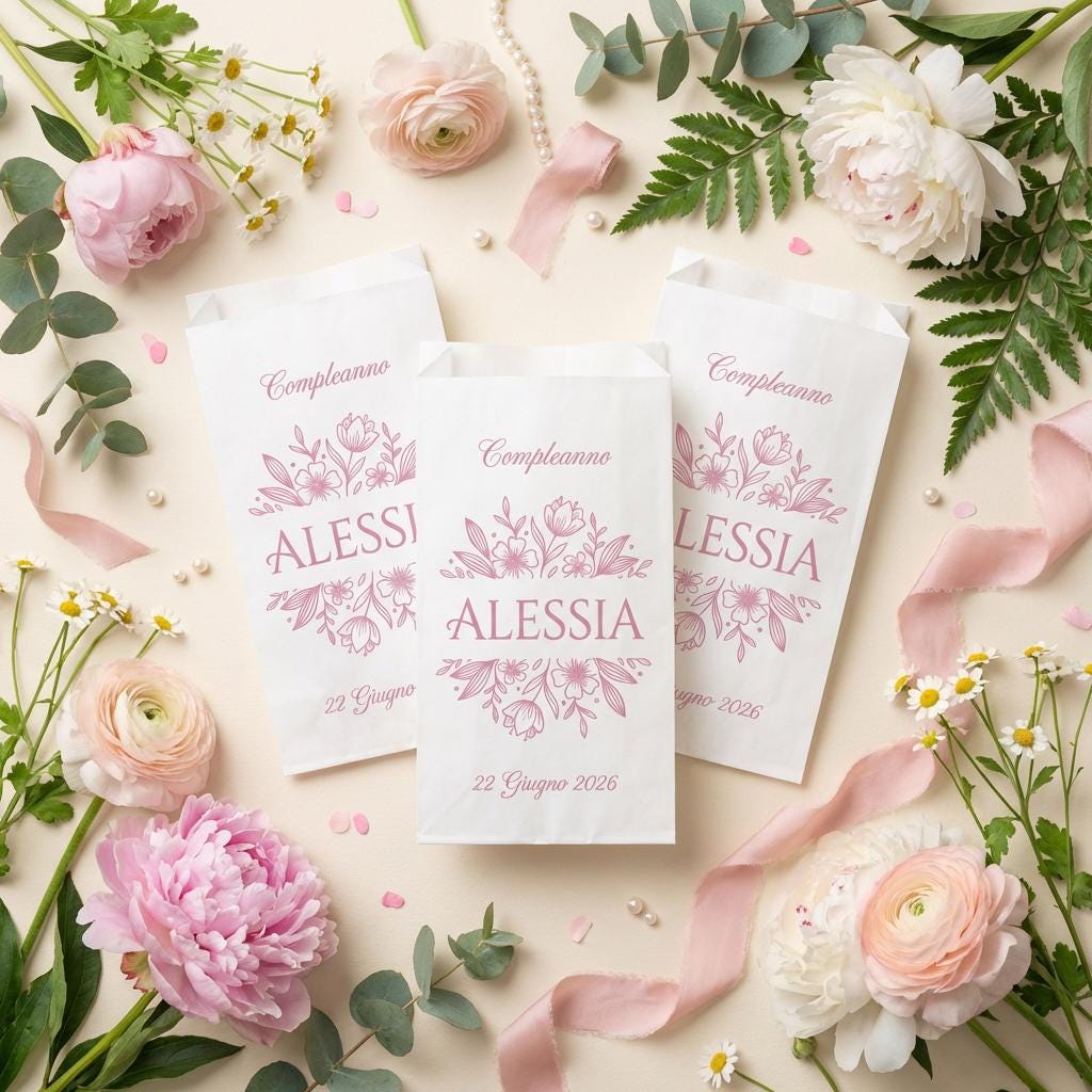 Sacchetti Confettata Personalizzati 50 pz. Bustine Confetti Battesimo Comunione Compleanno Bambina Avorio Panna
