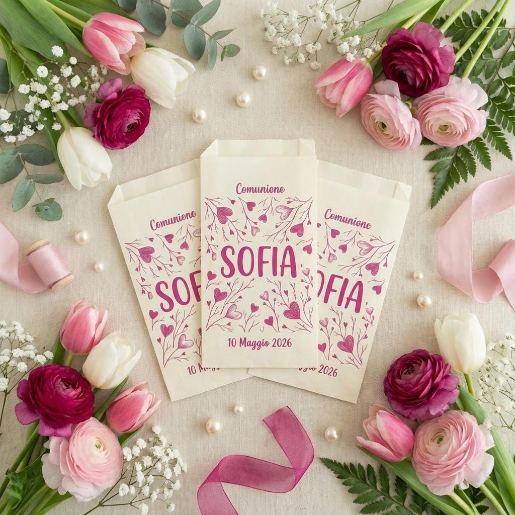 Sacchetti Confettata Personalizzati 50 pz. Bustine Confetti Battesimo Comunione Compleanno Bambina Avorio Panna