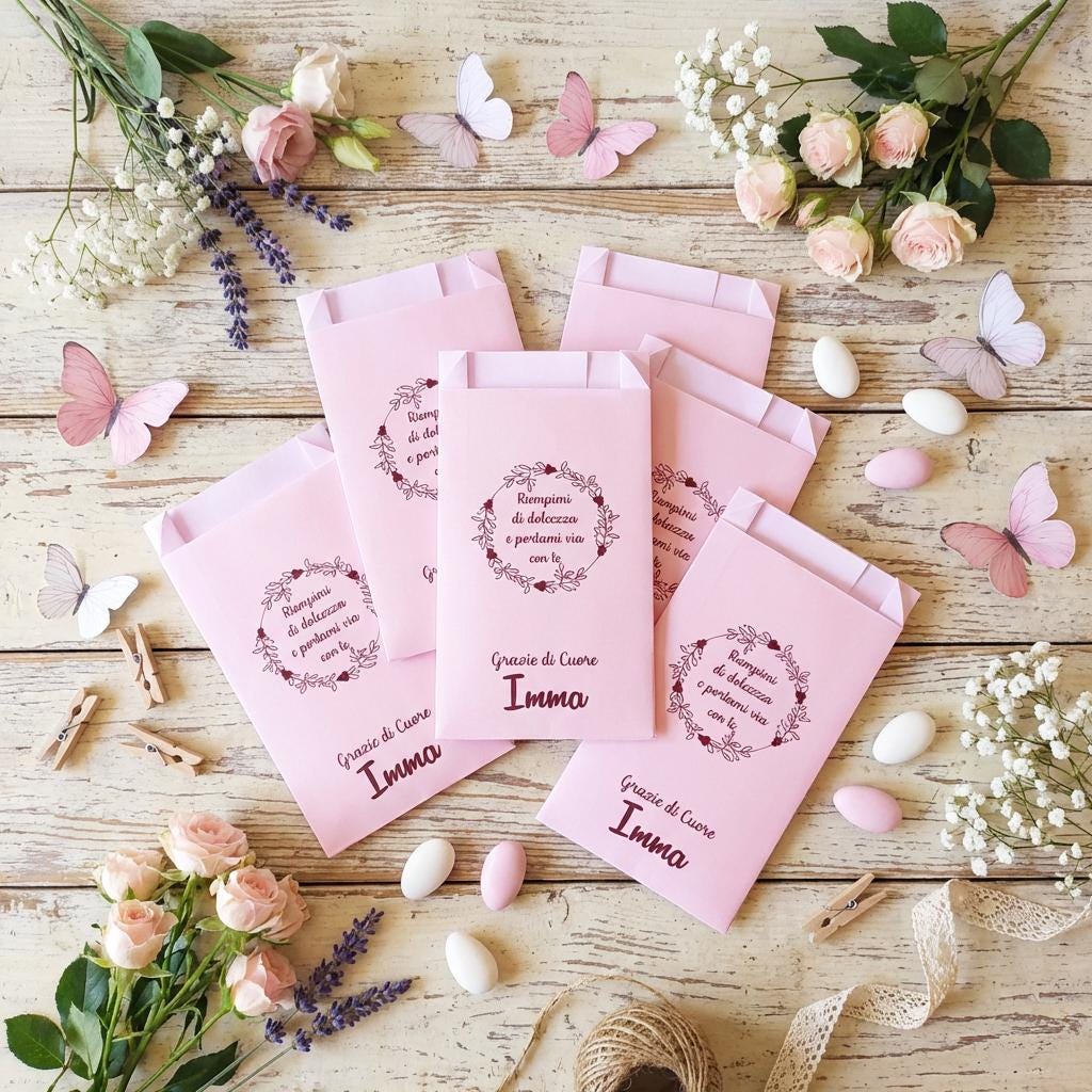 Sacchetti confettata personalizzati, matrimonio, battesimo comunione e cresima, in diversi colori. 50 bustine per confetti colorate stampate