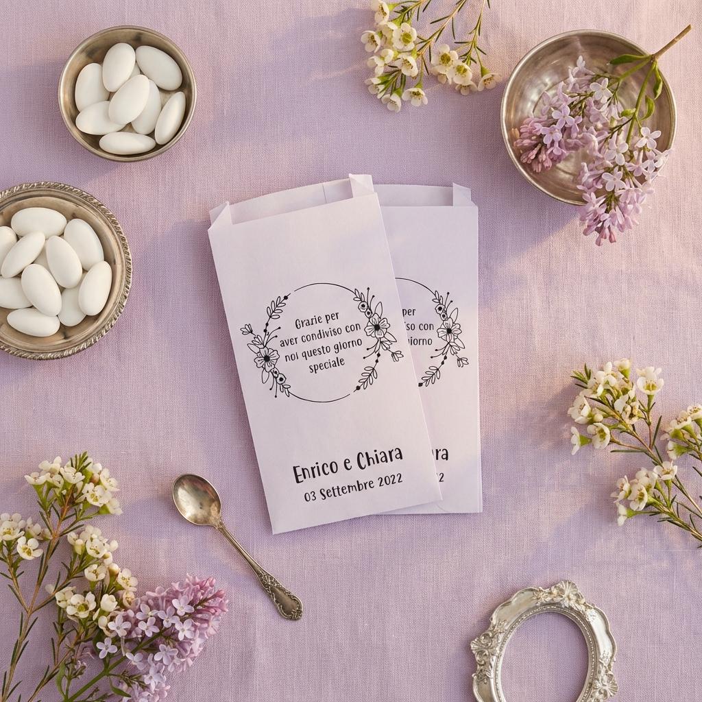 Sacchetti confettata personalizzati, matrimonio, battesimo comunione e cresima, in diversi colori. 50 bustine per confetti colorate stampate