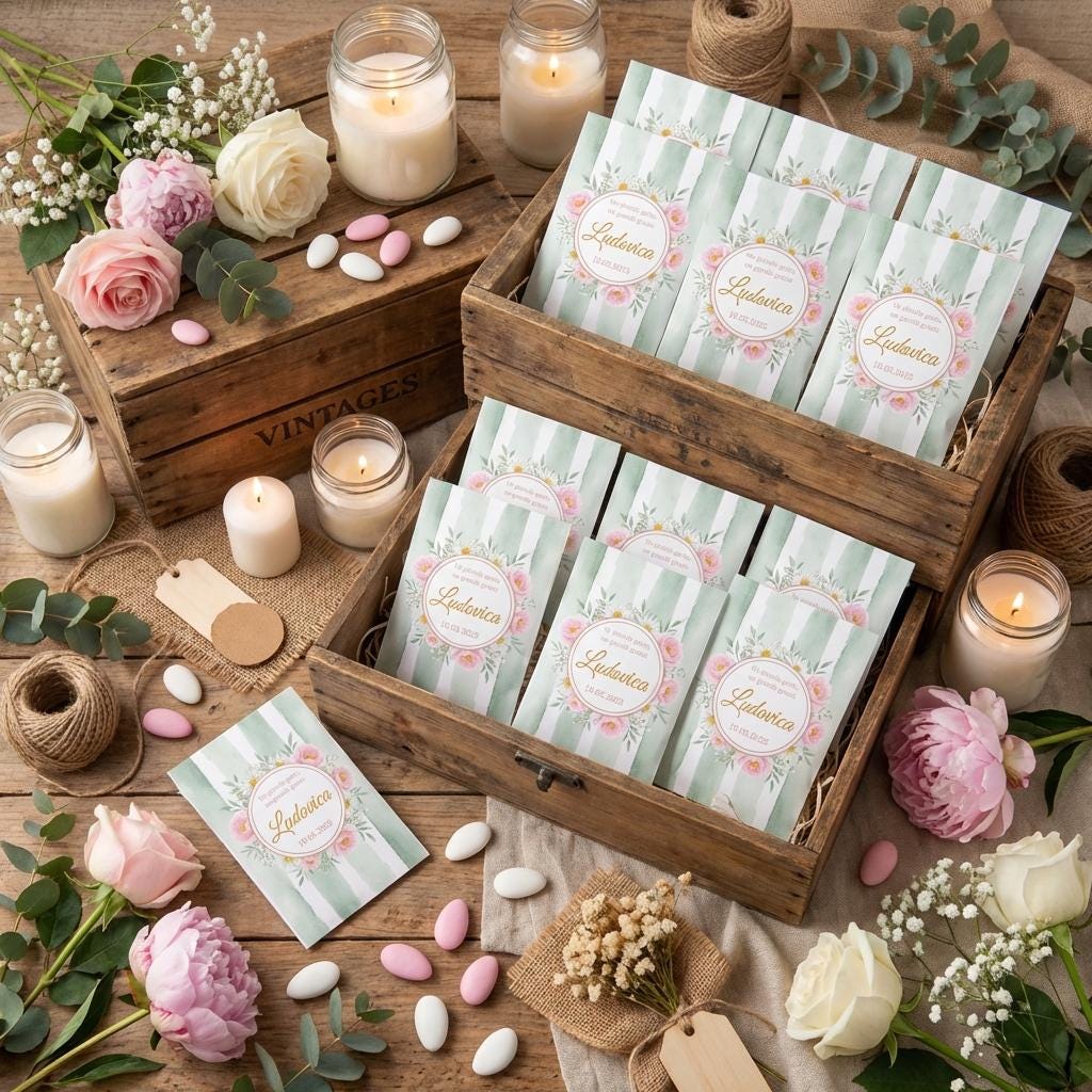 GoyStudio 50 sacchetti carta confetti personalizzabili. Bustine bianche con stampa per battesimo matrimonio anniversario occasioni speciali