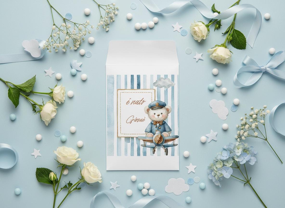 SACCHETTO PER CONFETTI IN CARTA BIANCA CON ILLUSTRAZIONE ORSETTO AVIATORE E SFONDO A RIGHE, con nome e data del bambino