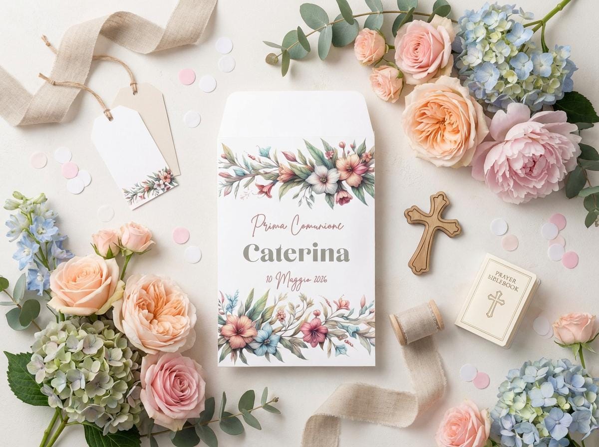 sacchetto “Prima Comunione Caterina”, perfettamente abbinato al tema floreale acquerello: il sacchetto è in primo piano, circondato da fiori freschi nei toni pastello, confetti bianchi e rosa, dettagli in carta raffinata, nastri naturali e piccoli elementi simbolici. L’atmosfera è luminosa, elegante e coerente con il design