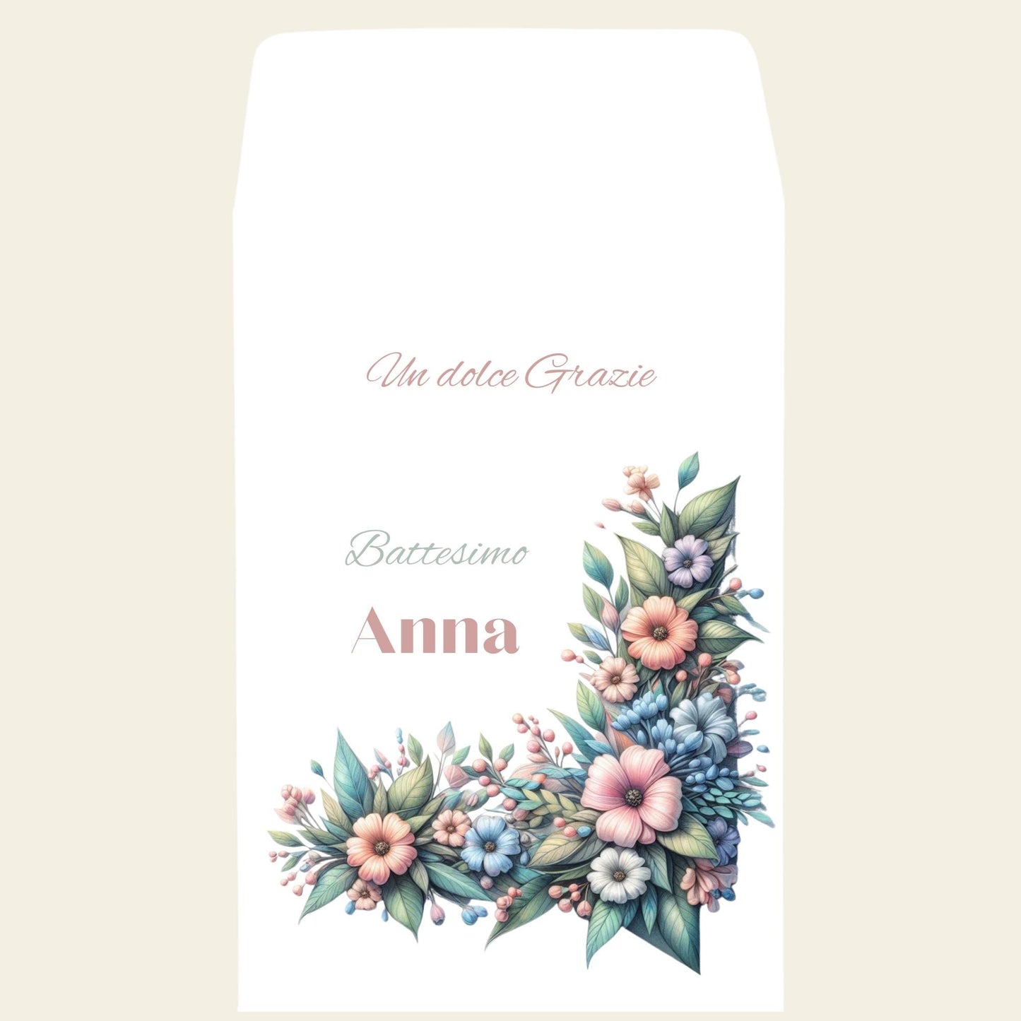 Sacchetti bomboniera floreali acquerello personalizzati, battesimo comunione nascita matrimonio, fiori pastello eleganti. 50pz
