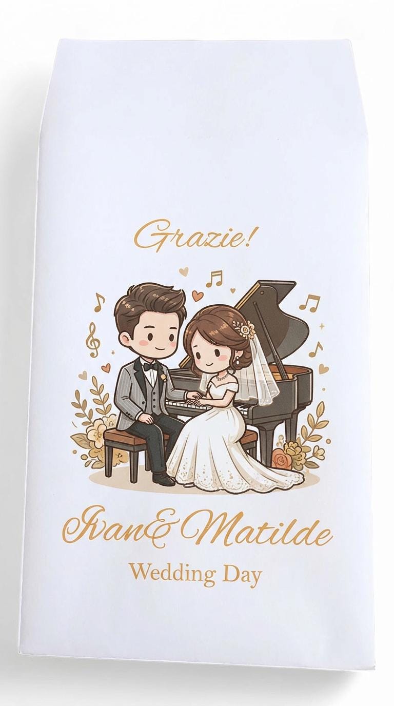 sacchetto per confetti con sposini cartoon seduti al pianoforte